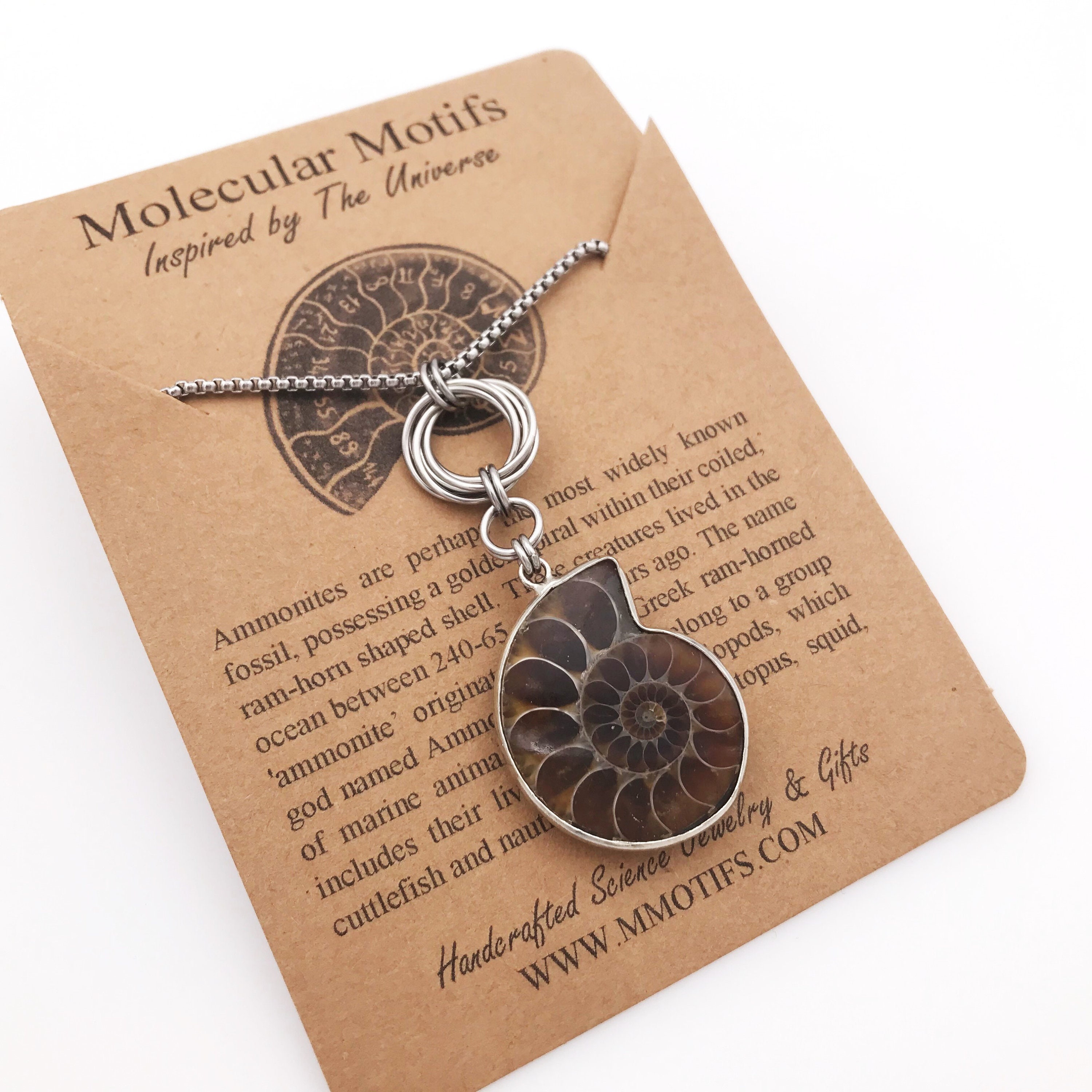 Ammonite Pendant Necklace-Handmade Chainmail Infinity Love Knot-Golden Ratio in Nature-Nautilus Fossil Pendant - Unique Science Gifts-Ooak