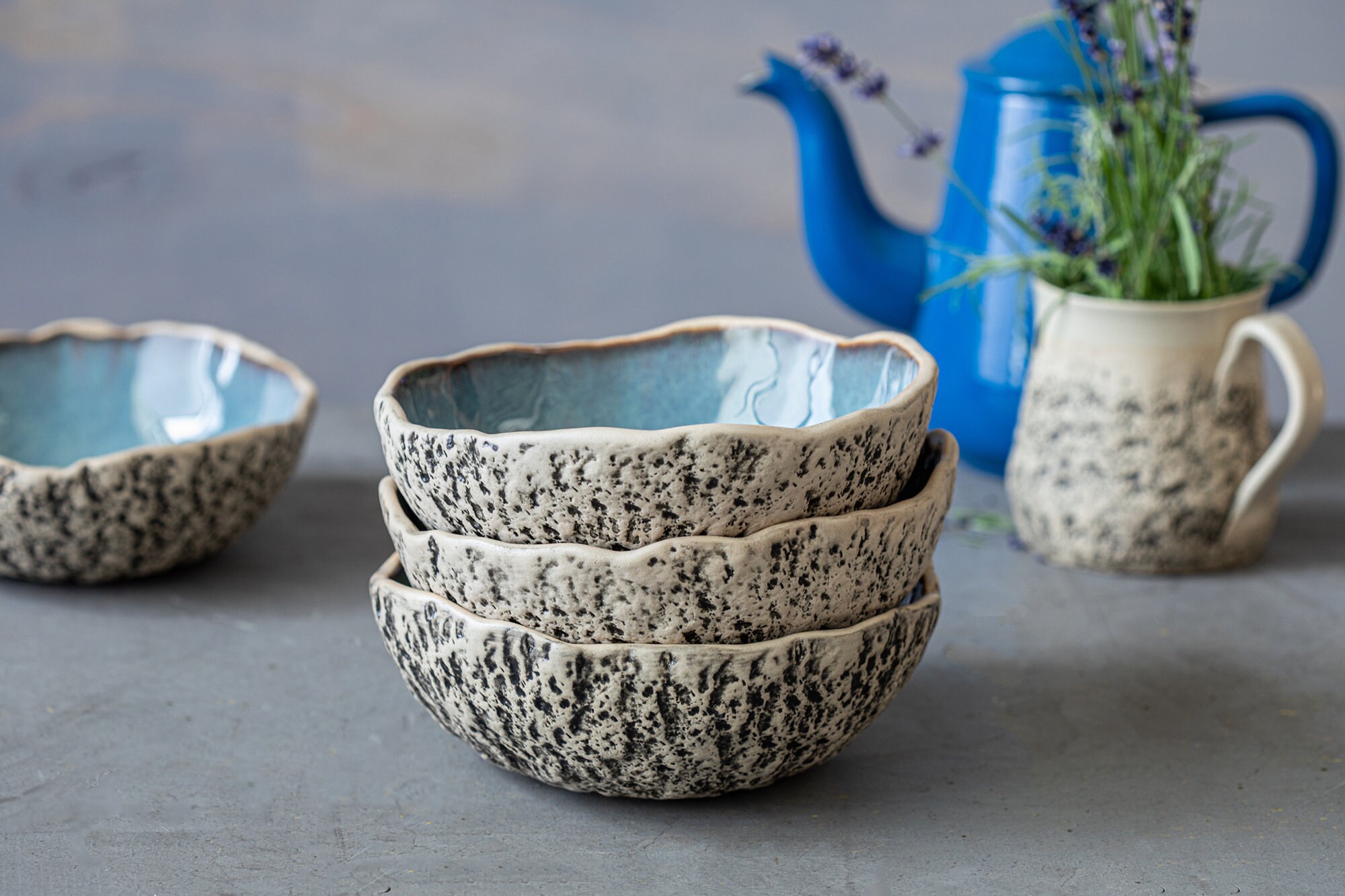 Set Of 8 Ceramic Soup Bowls 6.3/16cm Colourful Handmade Pottery Ramen Ice Cream Dinnerware