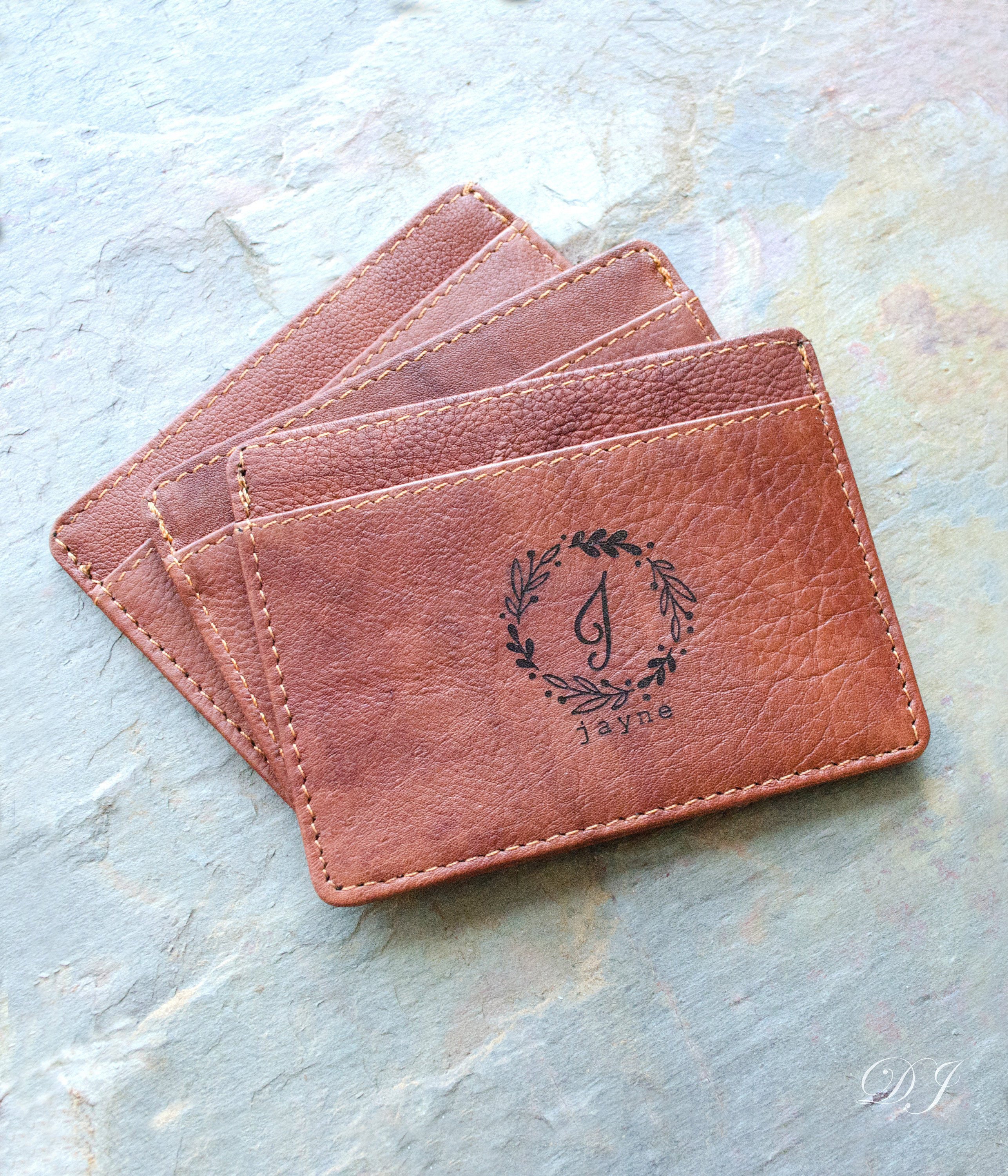 Monogrammed Slim Leather Wallet, Personalized Engraved Cardholder With Monogram, Signature, Or Drawing Gift For Him Husband