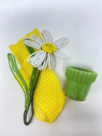 Rare Vintage Green Mini Akro Agate Thumb Pot, 1 1/4", & Beaded Daisy, 5"