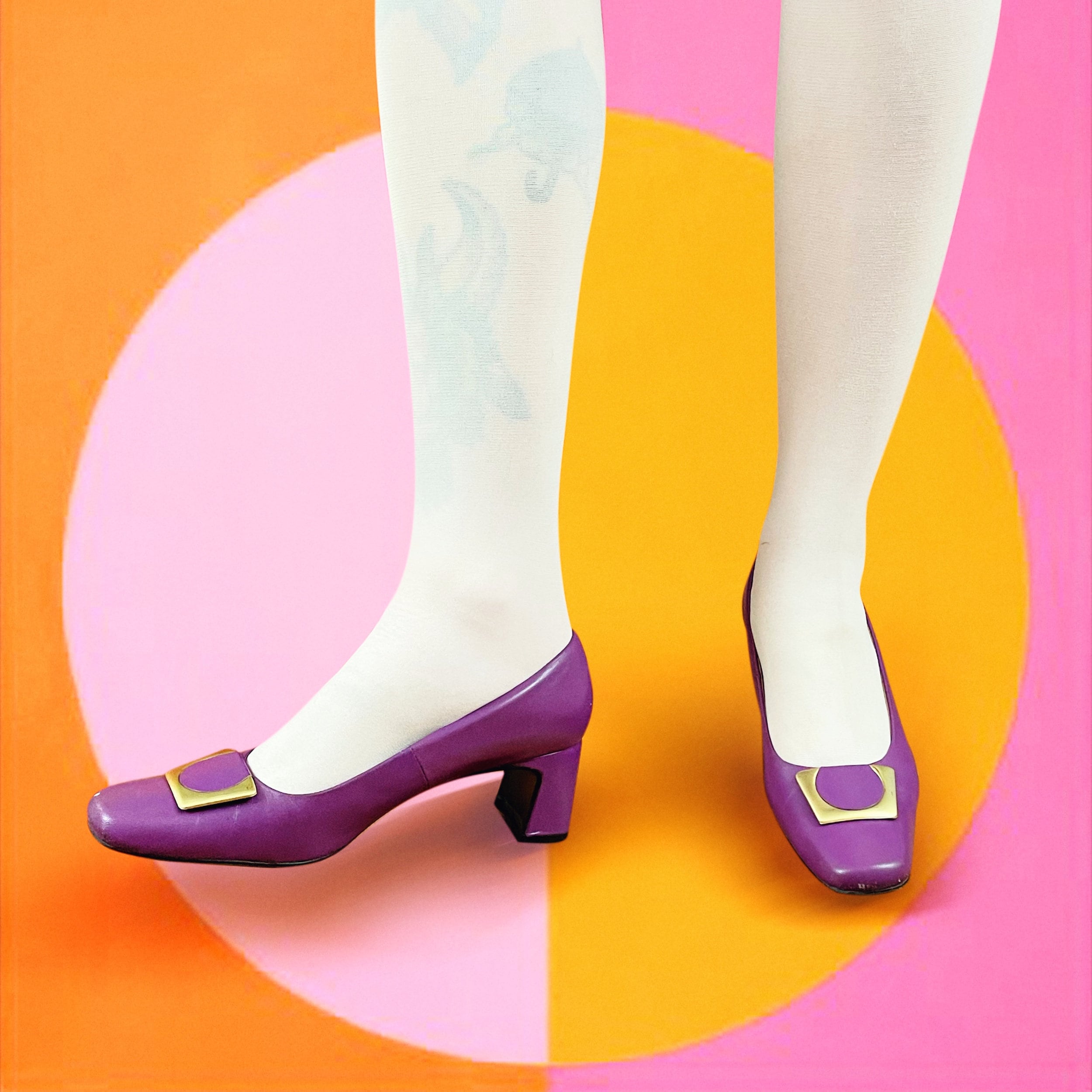 6 Us - Vintage 90S Does 60S Mod Pump Collectible Rare Shoes Gold Buckle Babe Footwear By Maggie Sweet