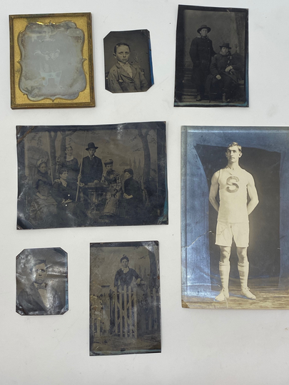 6 Antique Tin Types, Unusual Woman Inside A Picket Fence Gate, Children & Family, Basketball Man Photo