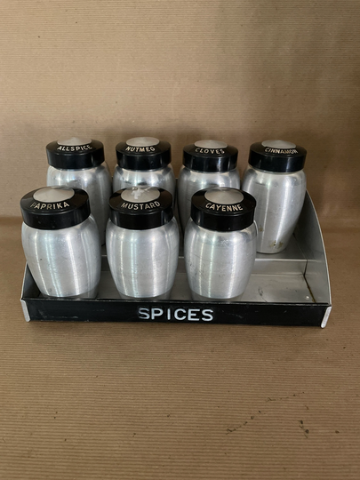 Vintage Aluminum Spice Jar Set, 1950's Kromex Jars With Rack, Set Of 7, Spun Aluminum, 1950's, Mid Century Decor
