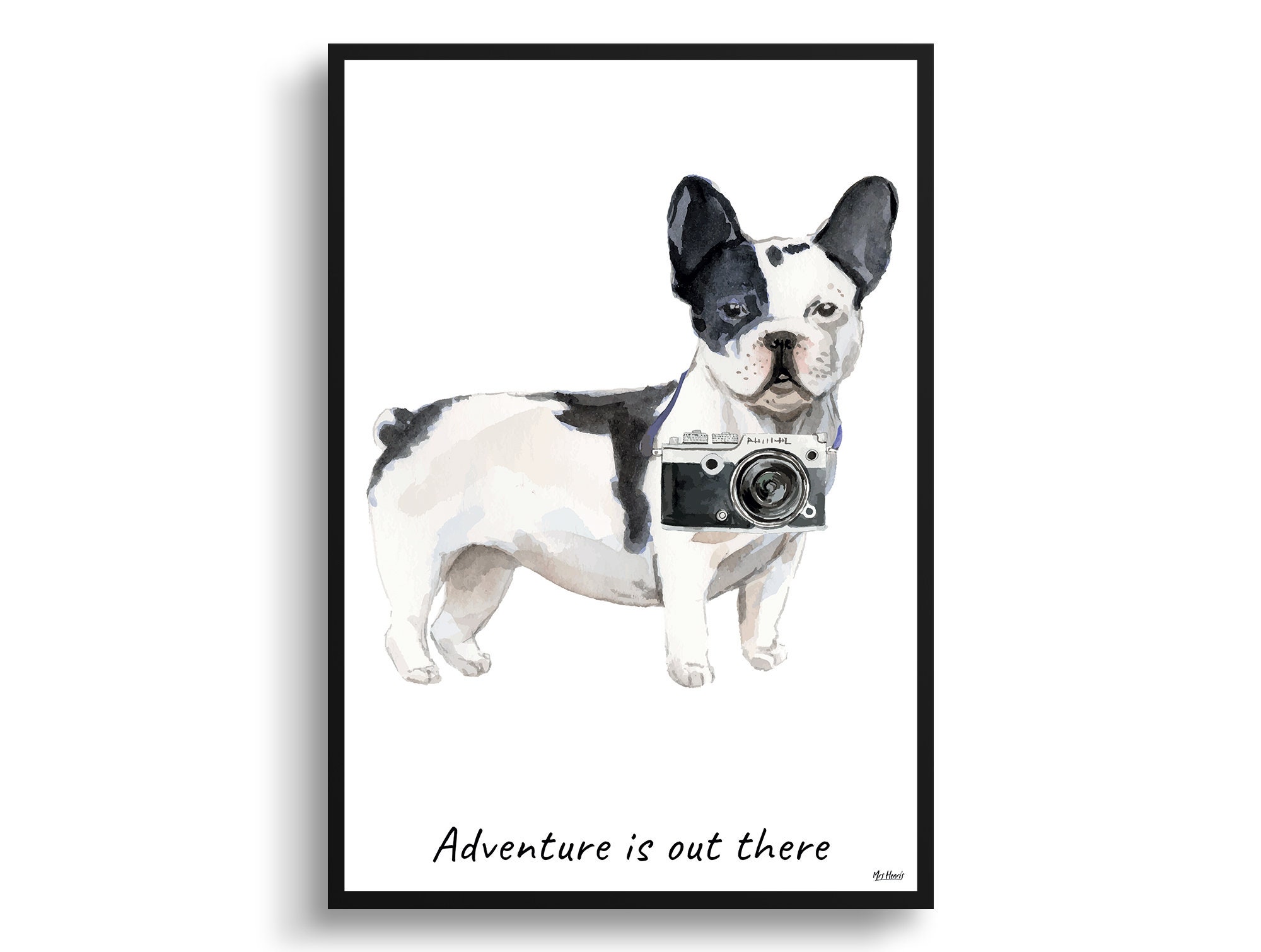 Adventure Is Out There Black White French-Bulldog Dog Print Illustration. Framed & Un-Framed Frenchie Wall Art Options. Personalised Name