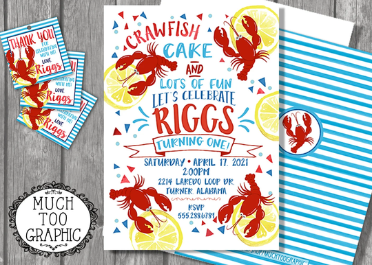 Crawfish Boil First Birthday Invitation - Low Country Boil Birthday Party Red & Turquoise Watercolor Printable Digital Design