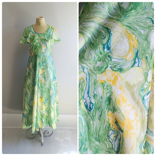 Small 1960S Marbled Chiffon Dress Summer Boho Frock Vintage Gown