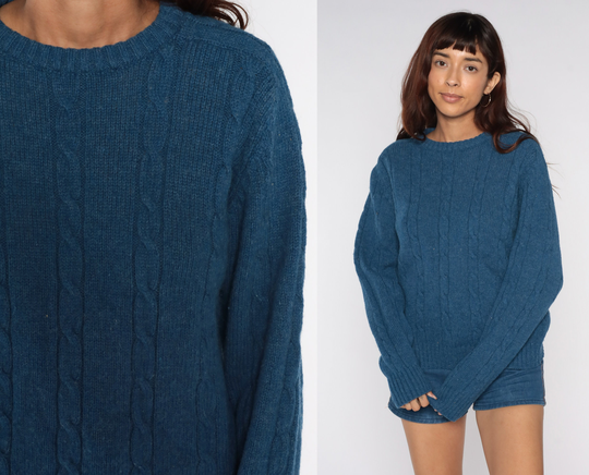Blue Cable Knit Sweater 80S Wool Blend Boho Pullover Cableknit 1980S Jumper Cozy Vintage Crewneck Large Xl L