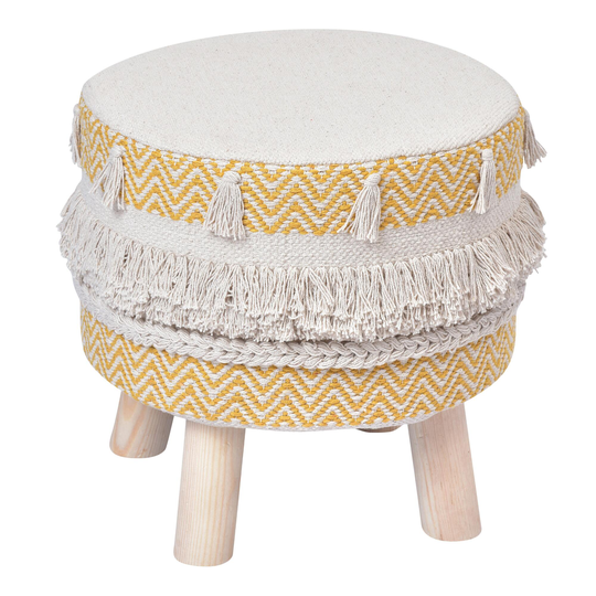 Round Yellow and Natural Wool Upholstered Stool with Tassels by World Market
