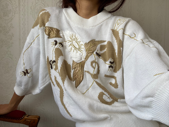Vintage Beaded Floral Cotton Blend Knit Top/ Jumper/ Sweater/ Pullover/ Xl - 3Xl