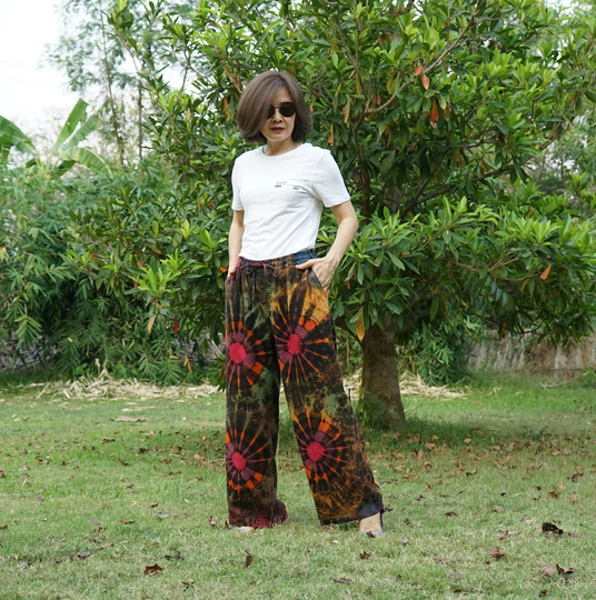 Boho Hippie Wide Leg Tie Dye Linen Blend Rayon Pants, Festival Resort Rainbow Palazzo Pants - P9