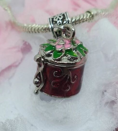 Heart Locket Prayer Box, Enameled Purple Flower Open For European Style Bracelet