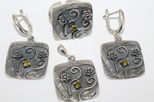 Yellow Citrine Jewelry Set Silver 925 Earrings Ring Pendant Chain Handcrafted Armenian Jewellry Square Handmade Jewels