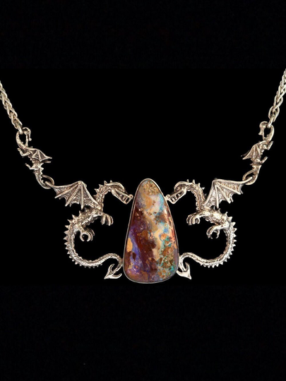 sterling Silver Double Dragon Pendant With Australian Boulder Opal Custom Set With Jewelry