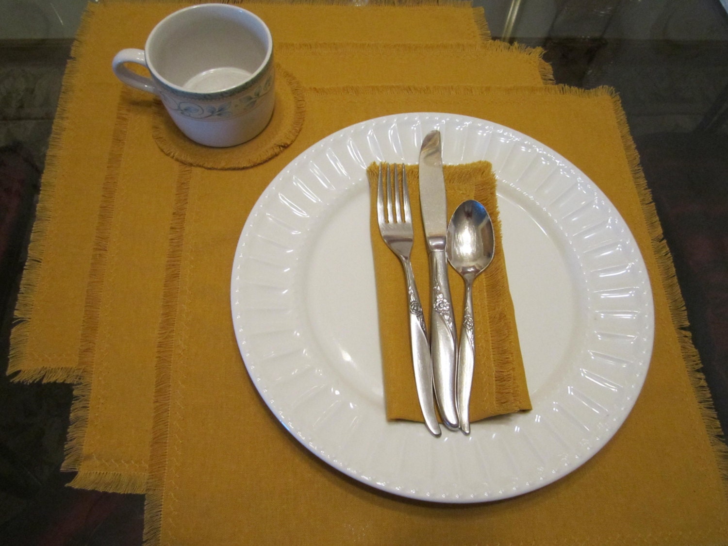 Square Linen Blend Fabric Napkins/Placemats With Fringed Edges - 14 Inch Square Set Of 4