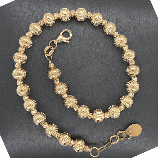 14K Solid Gold, Small & Large Diamond Cut Bead Bracelet