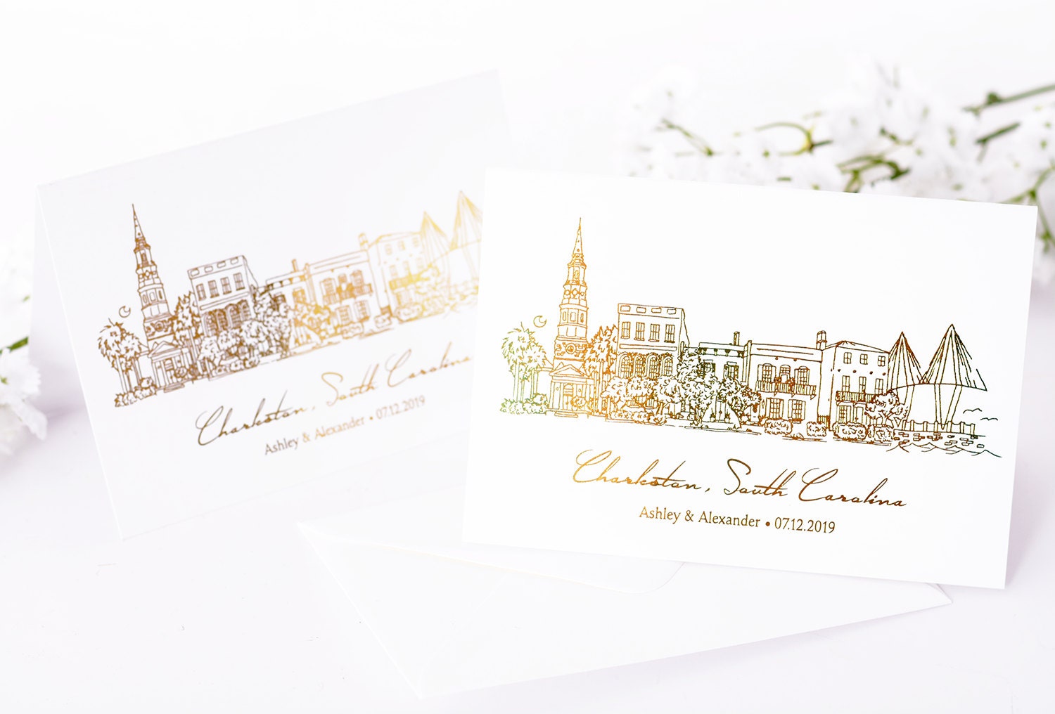 Charleston Wedding Cards - Hand Drawn Stationery Metallic Thank-You Folded With Envelopes