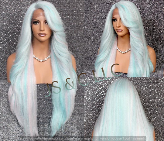 40" Extra Long Human Hair Blend Full Lace Front Wig Romantic Straight W. Bangs Baby Blue Mixed Natural Mono Side Part Heat Ok