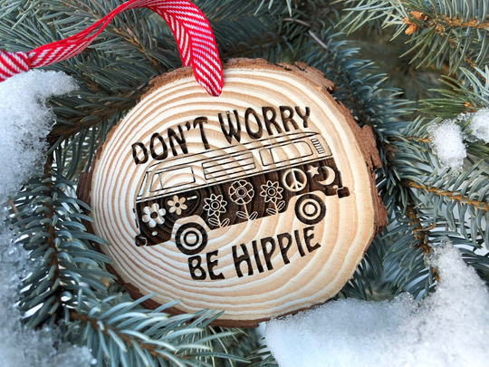 Wooden Christmas Ornament Don't Worry Be Hippie, Vw Bus, Microbus, Volkswagen, Ornament, Aspen, Rustic Hand Finished