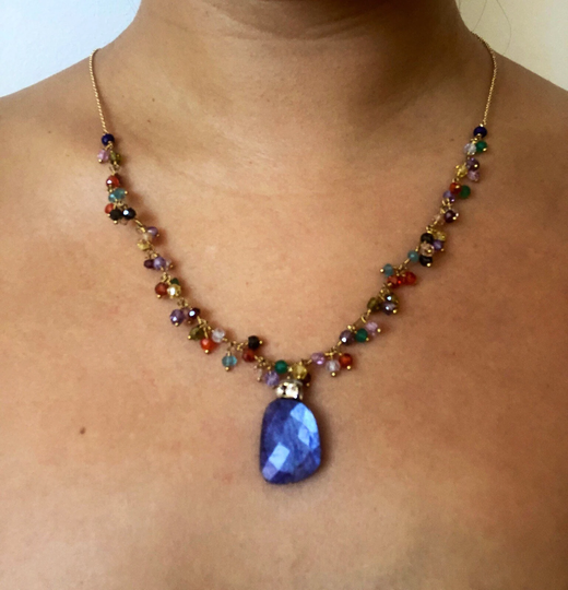 Blue Moonstone Festival Necklace, Colorful Necklace Rainbow