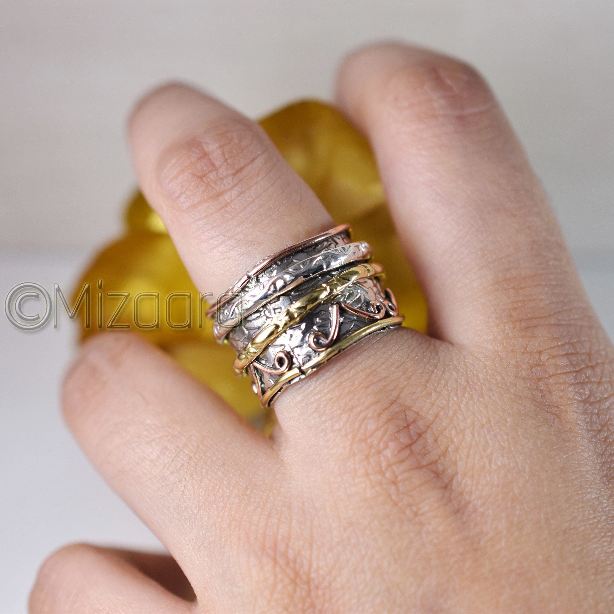 Spinner Ring For Women Design 925 Sterling Silver Meditation Thumb Three Tone Fidget Jewelry