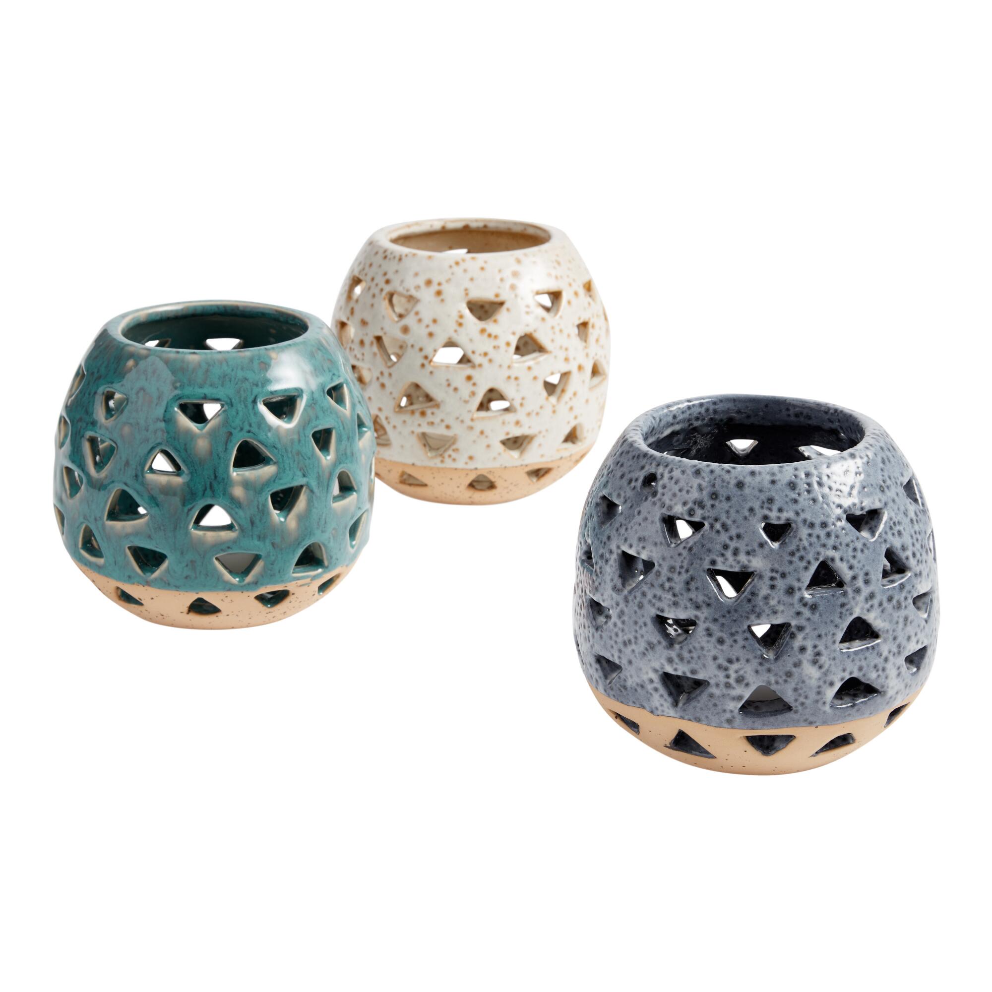 Two Tone Ceramic Cutout Hurricane Candleholder: White/Natural by World Market