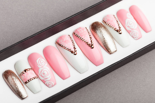 Classy Pink Press On Nails Rose Gold Rhinestones Roses Nail Art Fake False Glue On
