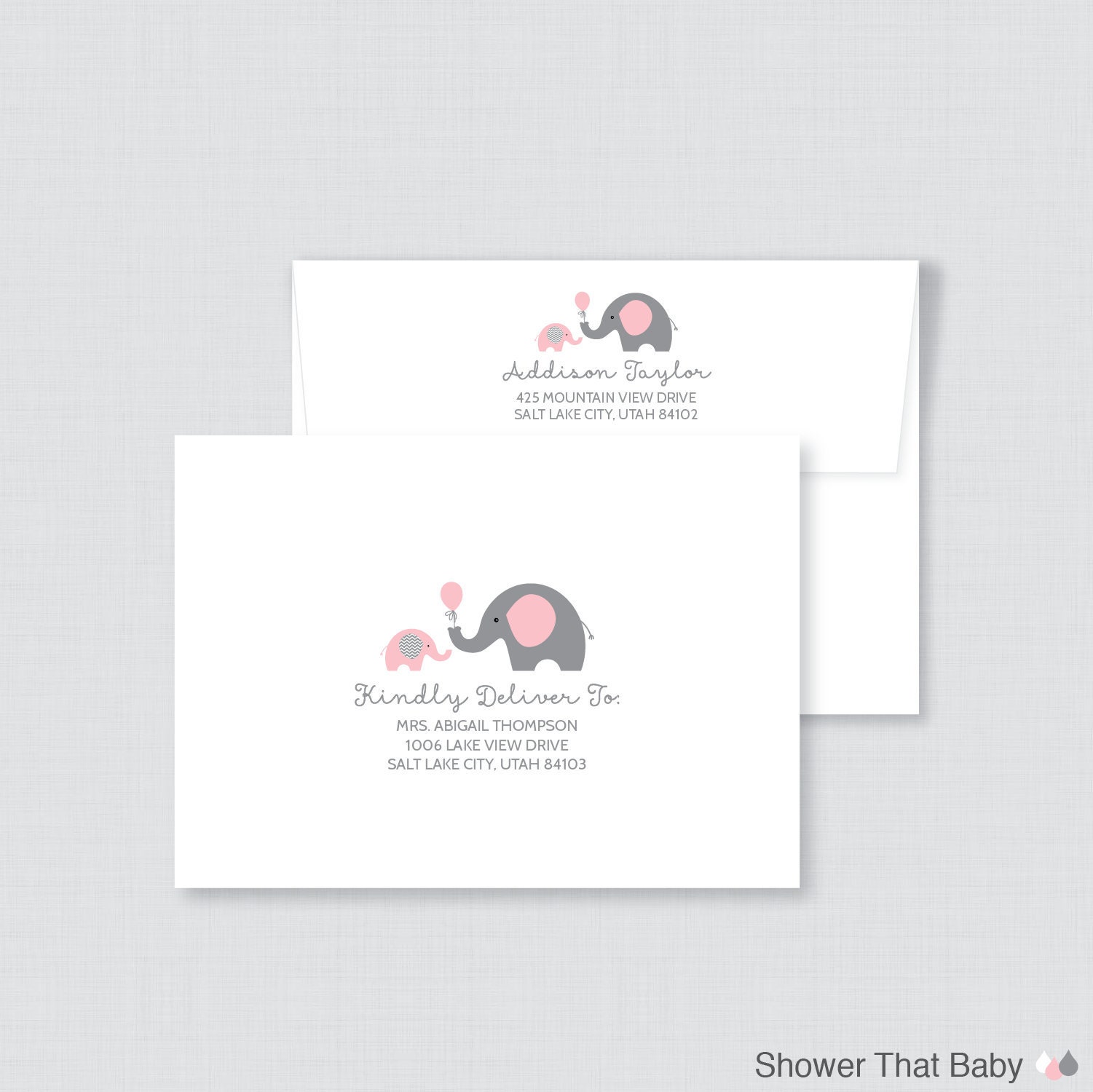 Elephant Envelope Printing - White Invitation Envelopes With Pink & Guest Address Themed 0024-P