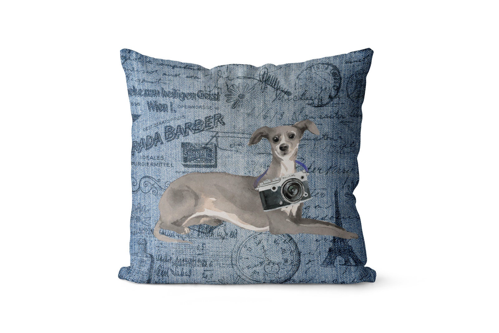 Italian Greyhound Dog Inspired Throw Pillow - Large Denim Style Cushion With Filling Available in Linen Or Velour. Travel Collection