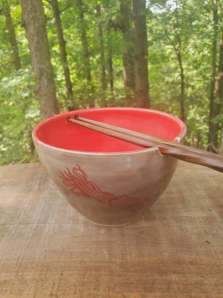 Octopus Squid Noodle Bowl With Chopsticks, Blue Drippy Glaze, Stoneware, Rice Stir Fry Bowl, Appx 3.5 Cups, Free Shipping