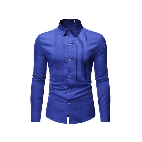 Men's Shirt Long-Sleeved Cotton Blended Single Breasted Turn Down Collar Solid Color Front Pleated Design Shirt Fit Men's Shirt - royal blue, m