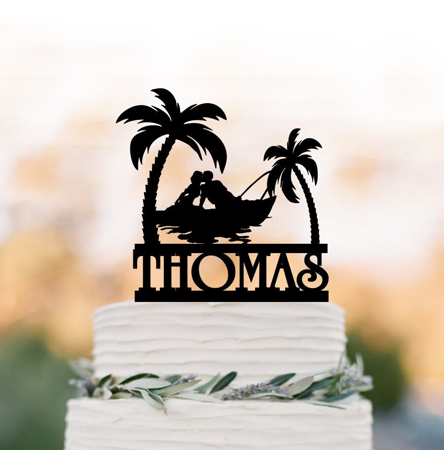 Outdoor Wedding Cake Topper Mountain With Fishing Boat Tree, Bride & Groom Silhouette Palm Beach