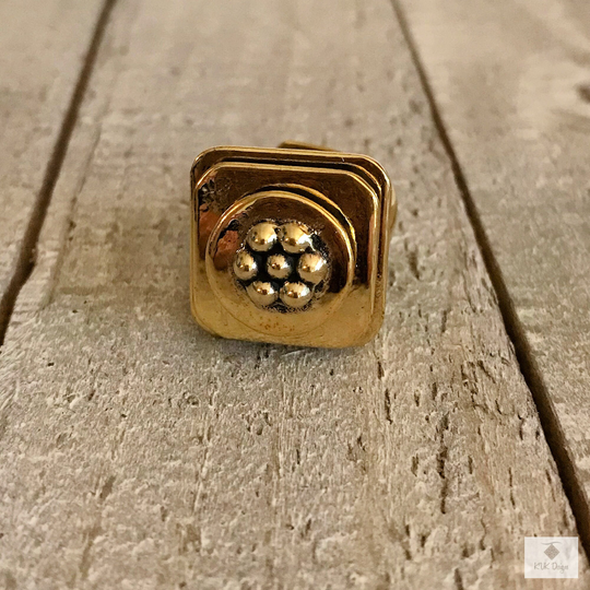 Brass Flower Ring, Boho Adjustable Chunky Square Ring