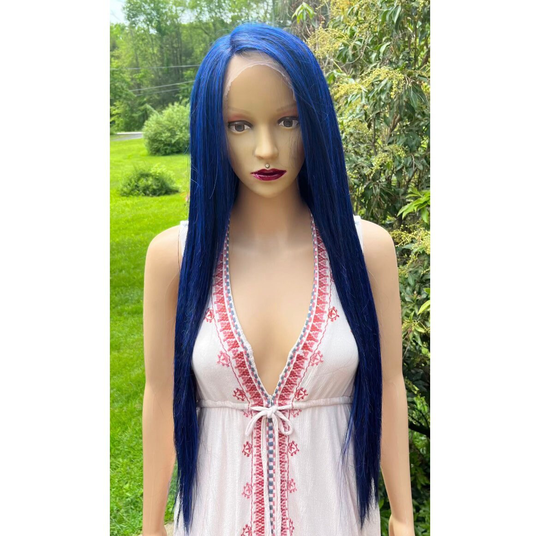Long Straight Dark Blue Human Hair Blend Front Lace Daily Wig./Cosplay Party