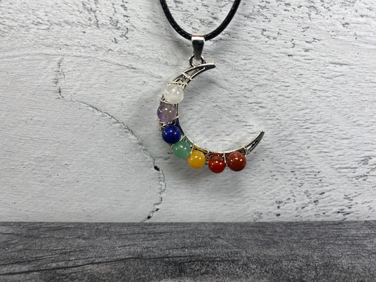 Seven Chakra Spheres Moon Pendant Necklace Natural Crystal
