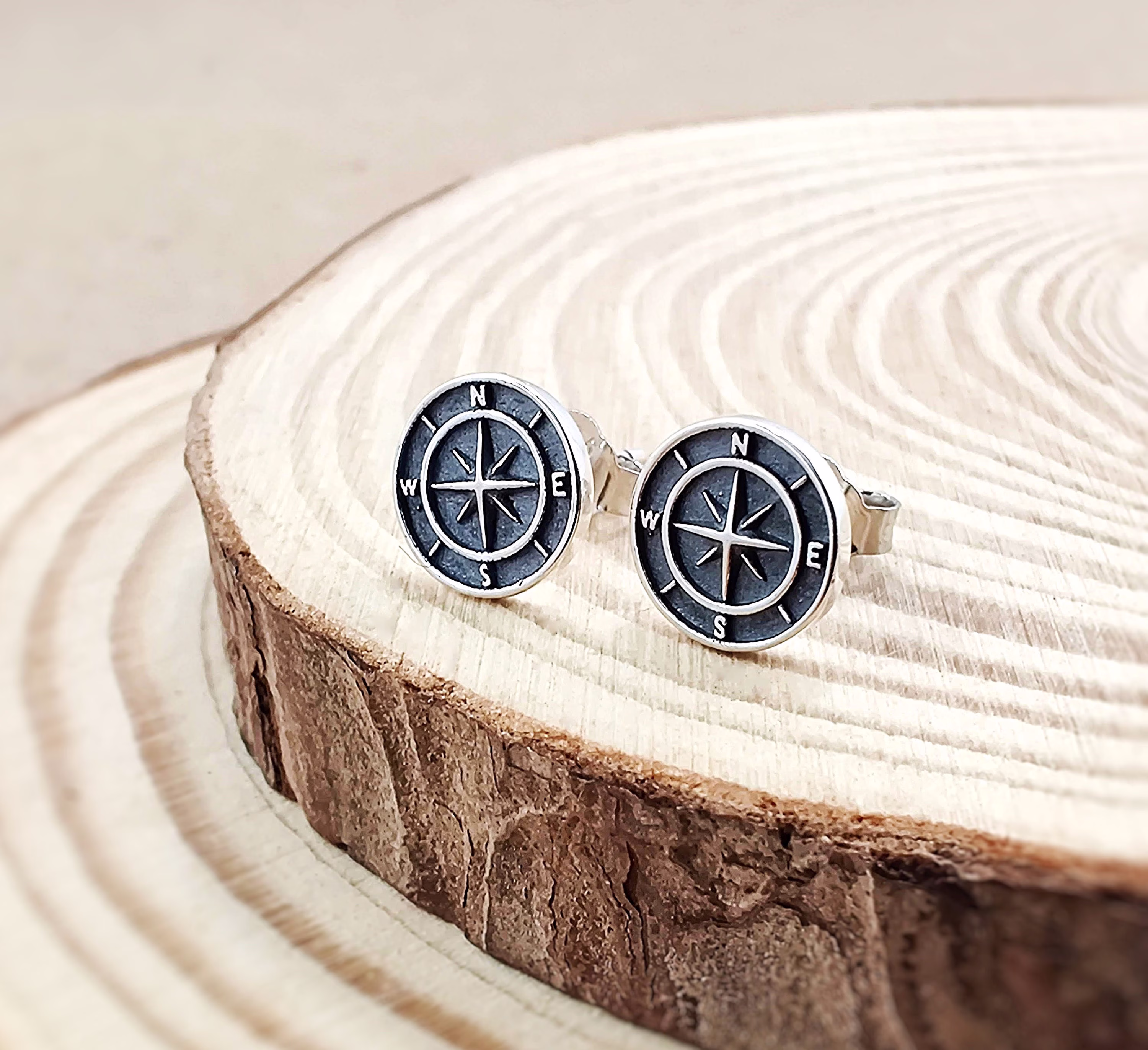 Oxidized Gunmetal Compass Silver Stud Earrings, Button 925 Sterling Edgy Cool Traveler's Gift Ideas