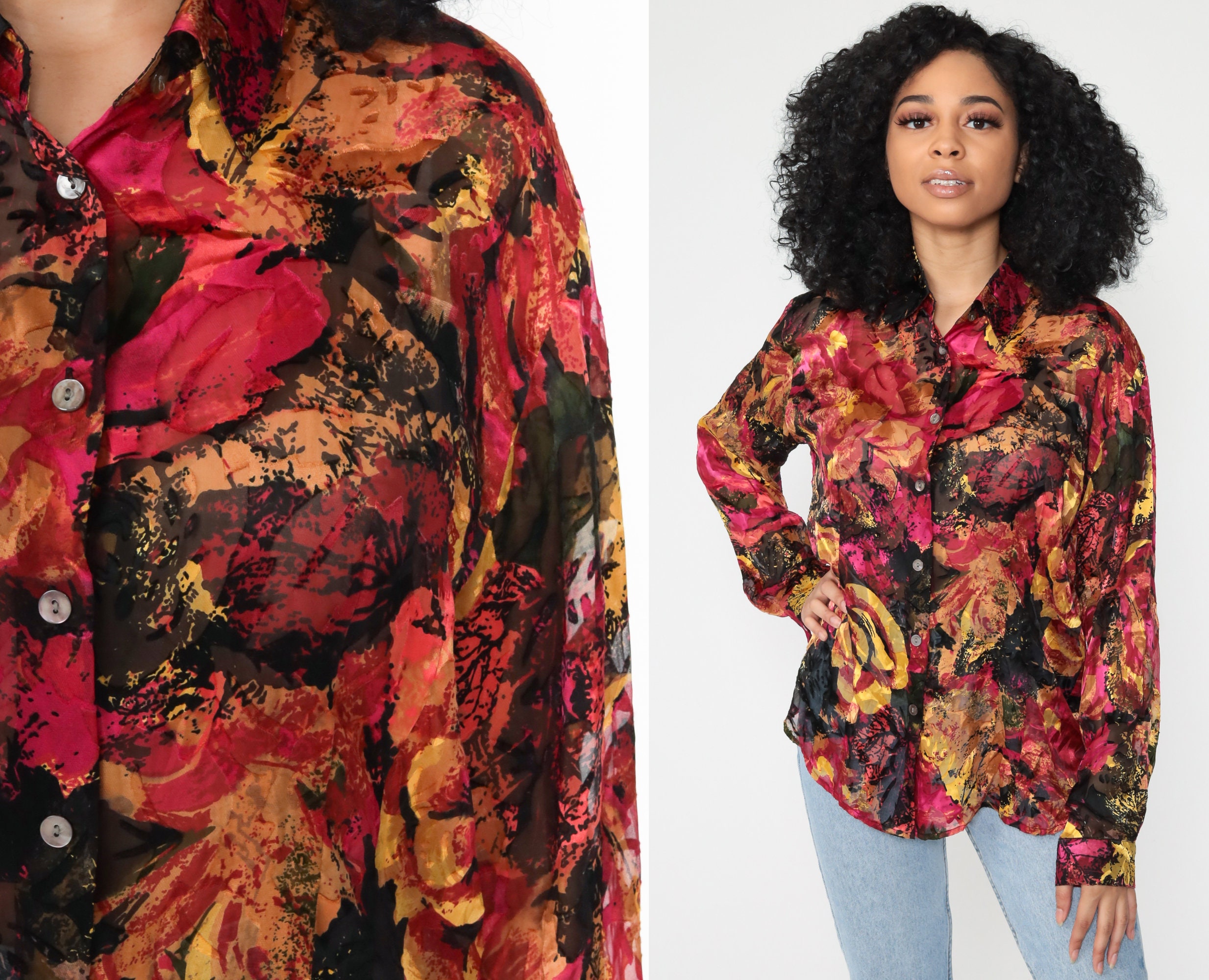 Burnout Floral Blouse Silk Blend Boho Top 90S Sheer Button Up Shirt Black Pink Bohemian Long Sleeve 1990S Vintage Hippie Collar Large 12