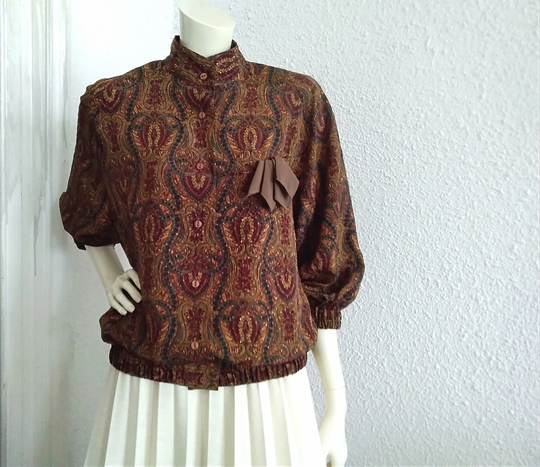 80S Paisley Blouse Jacquard 42 Size Brown Golden Bomber Spring Elegant Secretary Bohemian Relaxed Fit