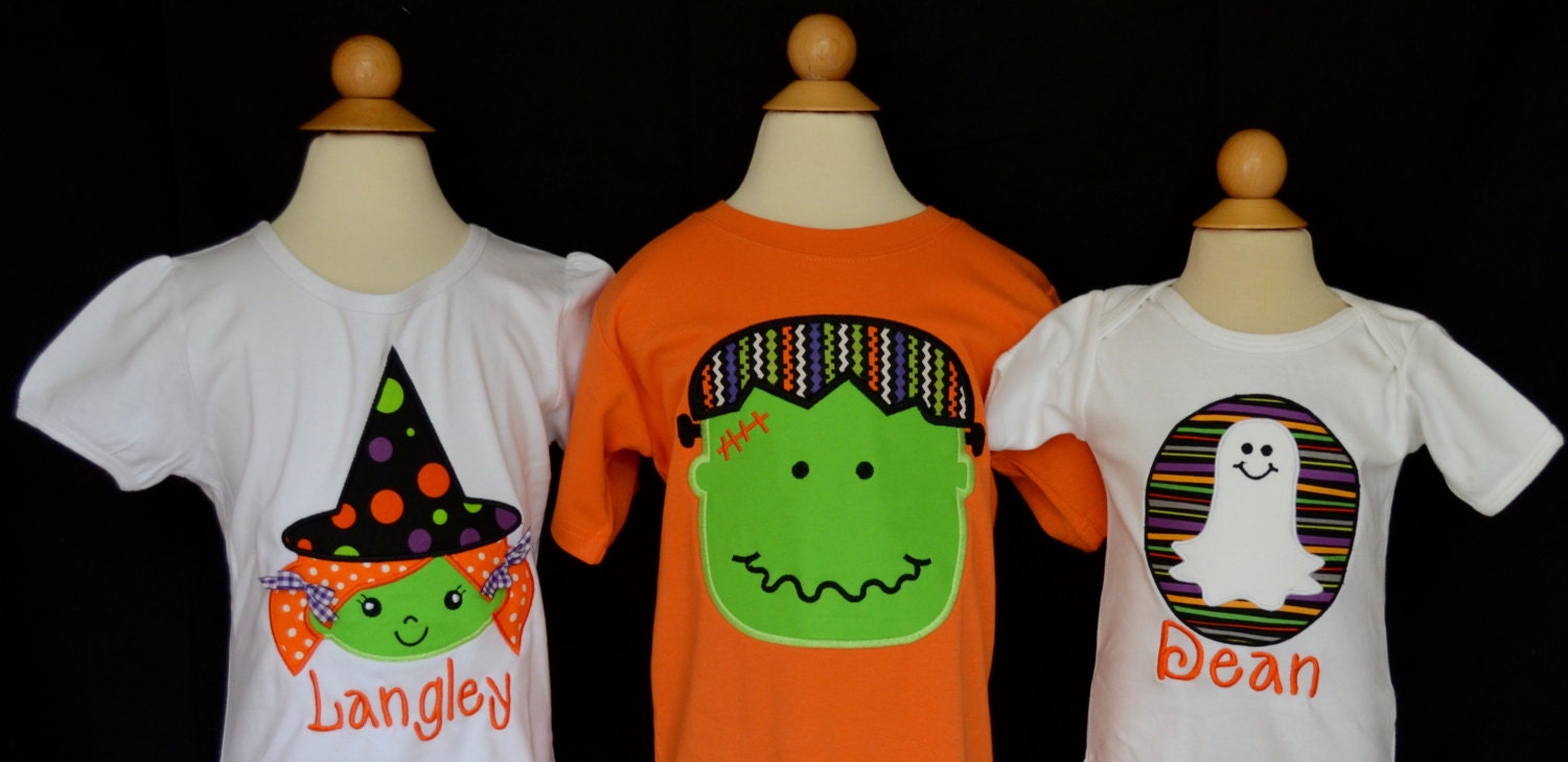 Personalized Halloween Ghost, Witch Or Monster Applique Shirt Bodysuit For Boy Girl