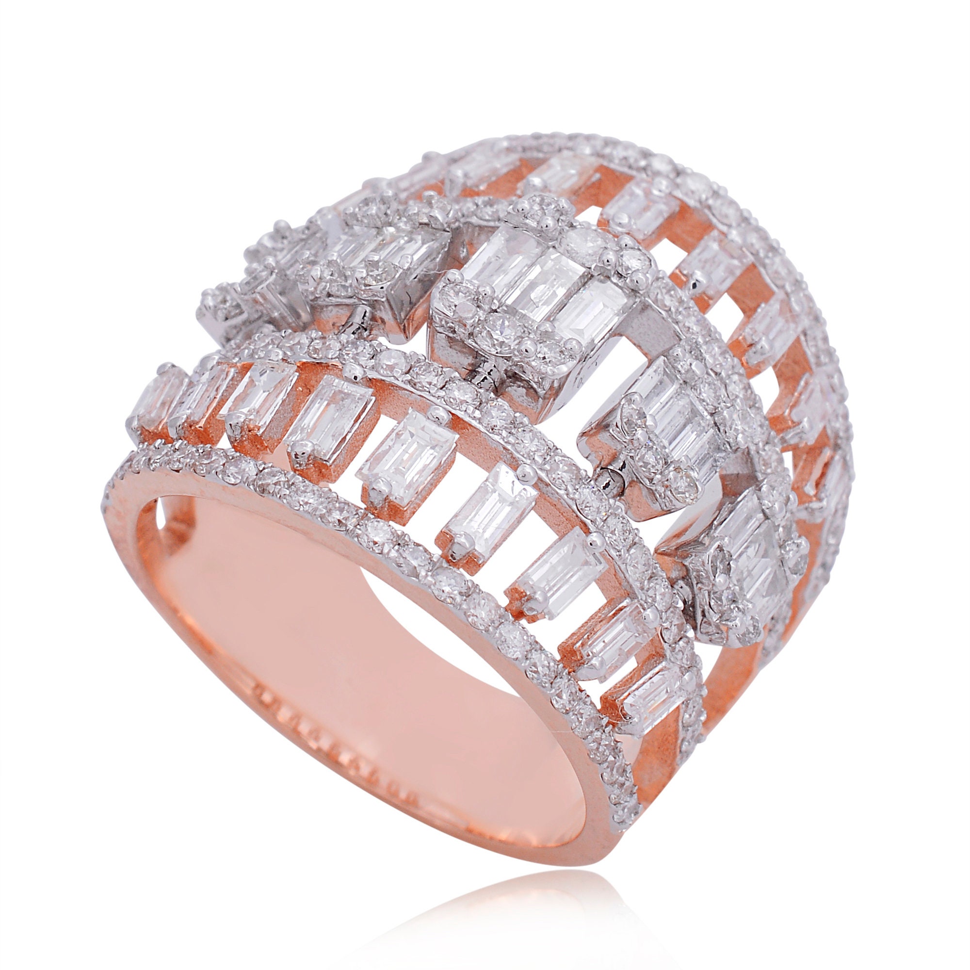 Real 1.77 Ct Baguette Diamond Cage Cocktail Ring, Si Clarity Hi Color Certified Ring 18K Two Tone Gold Handmade Jewelry Gift For Her