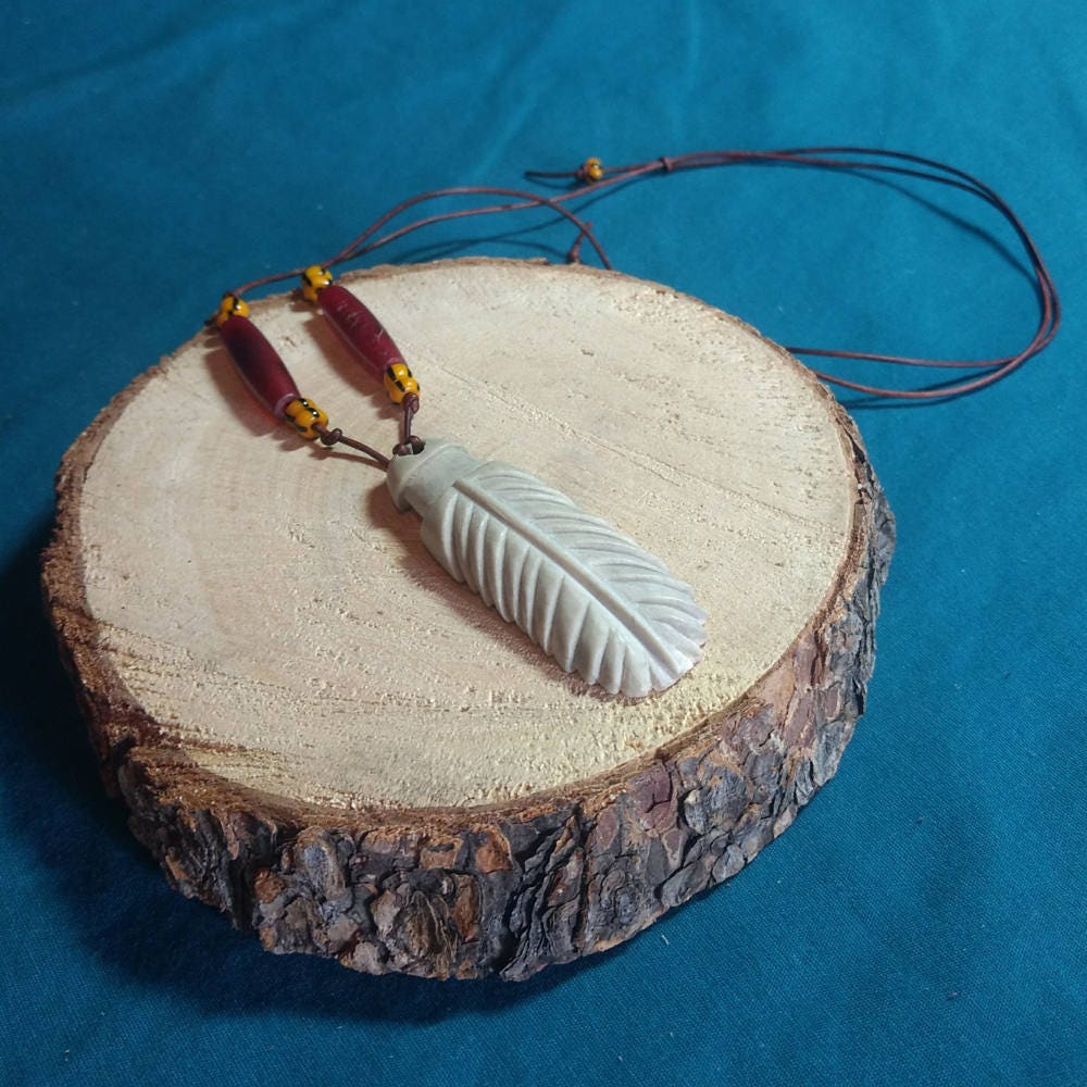 Feather Pendant, Necklace, Carved Deer Antler, Antler Beads, Larp, Cosplay, Wiccan, Magic, Pagan - Hand Made & in The Usa