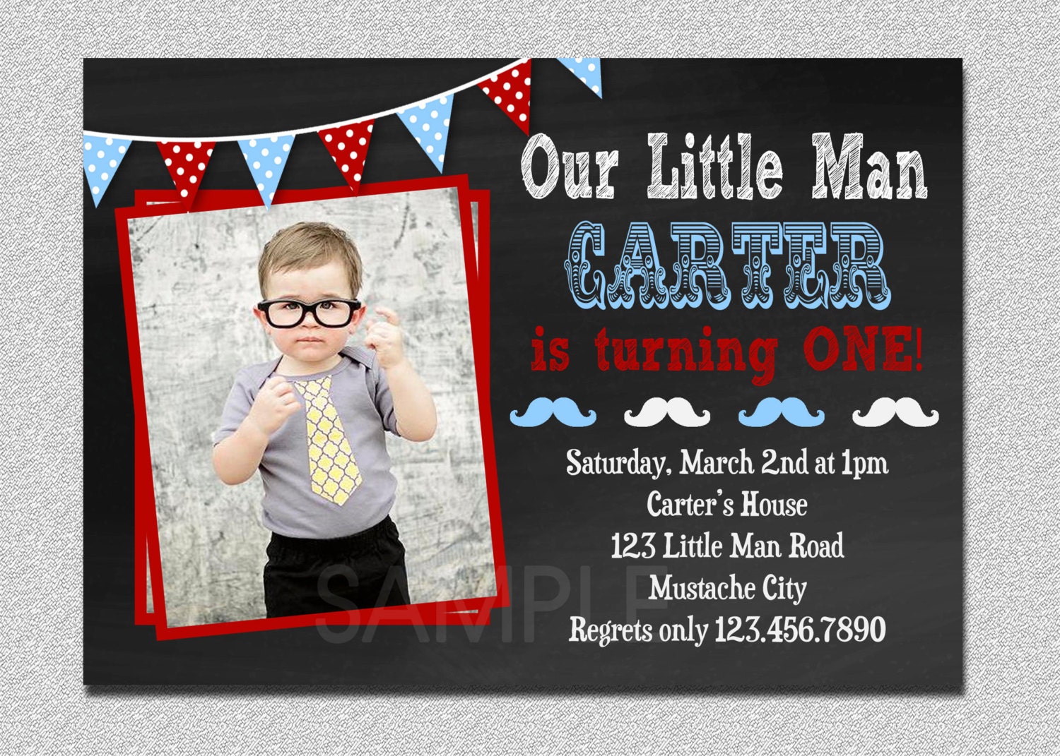 Little Man Invitation, Birthday Party, Mustache Bow Tie Kids Invitations