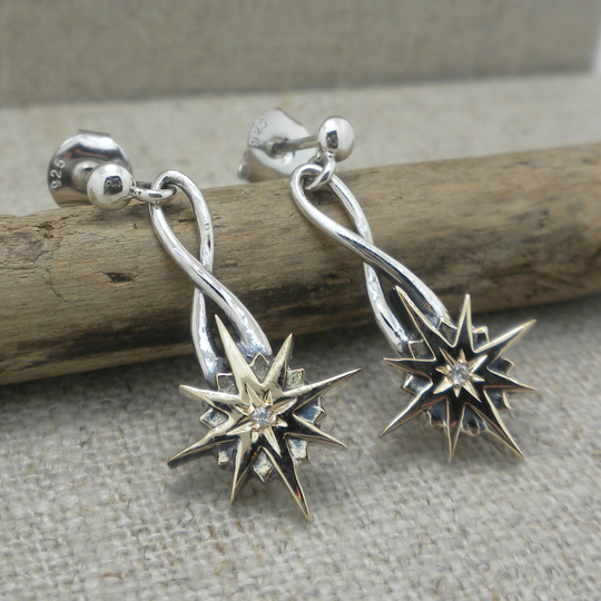 sterling Silver & 10K Celtic Compass Earrings With White Sapphires Post Back By Keith Jack Jewelry Gift Boxed Cleaning Cloth