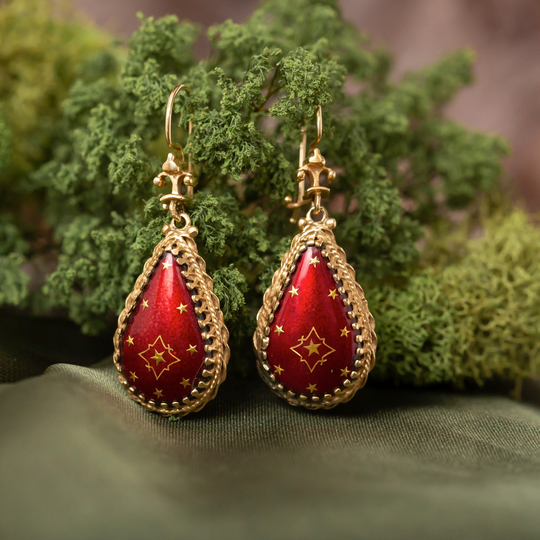 1920's Art Nouveau Antique Red Enamel Dangling Earrings in 14 Karat Yellow Gold
