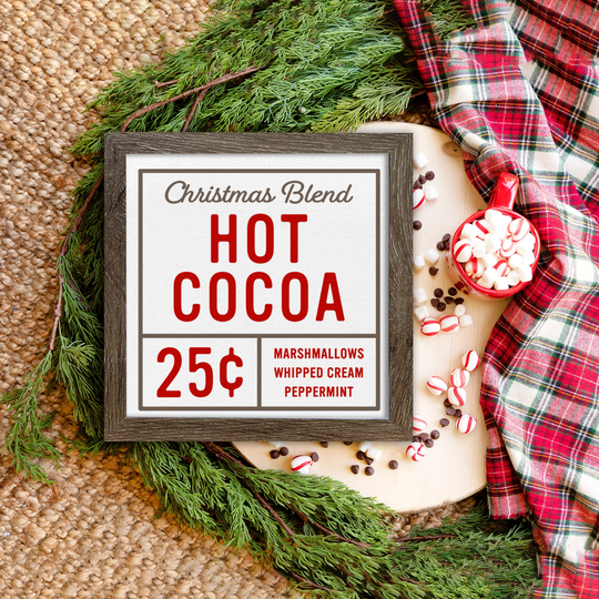 Christmas Blend Hot Cocoa Sign Rustic Farmhouse Wood Framed Holiday Wall Art Canvas Print Whipped Cream Marshmallows Prnt-020