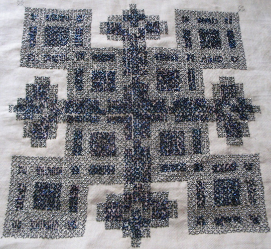 Deco Look Antique Blue & Silver Beaded Square On Linen