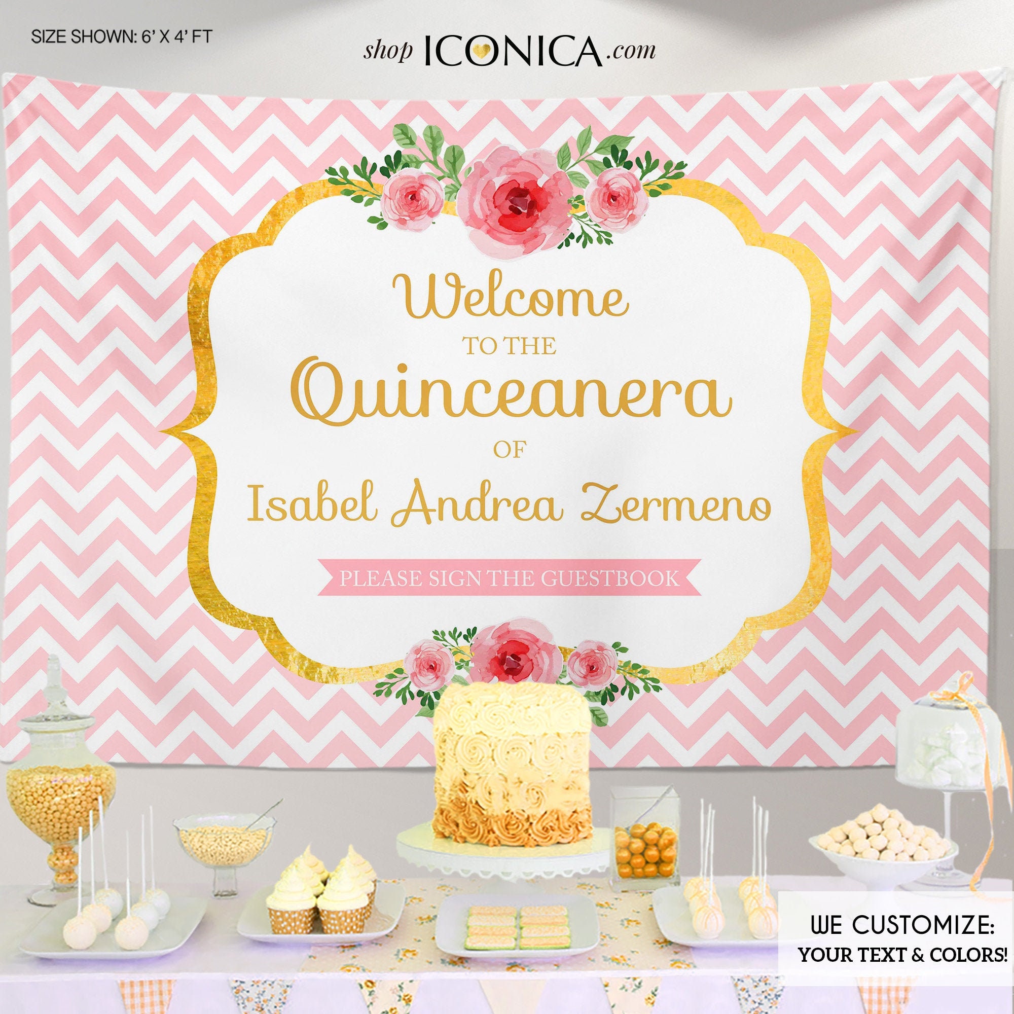 Floral Birthday Banner Pink & Gold Party Quinceanera, Any Type Of Event, Backdrop Any Size Wording Printed Or Printable Bqc0001