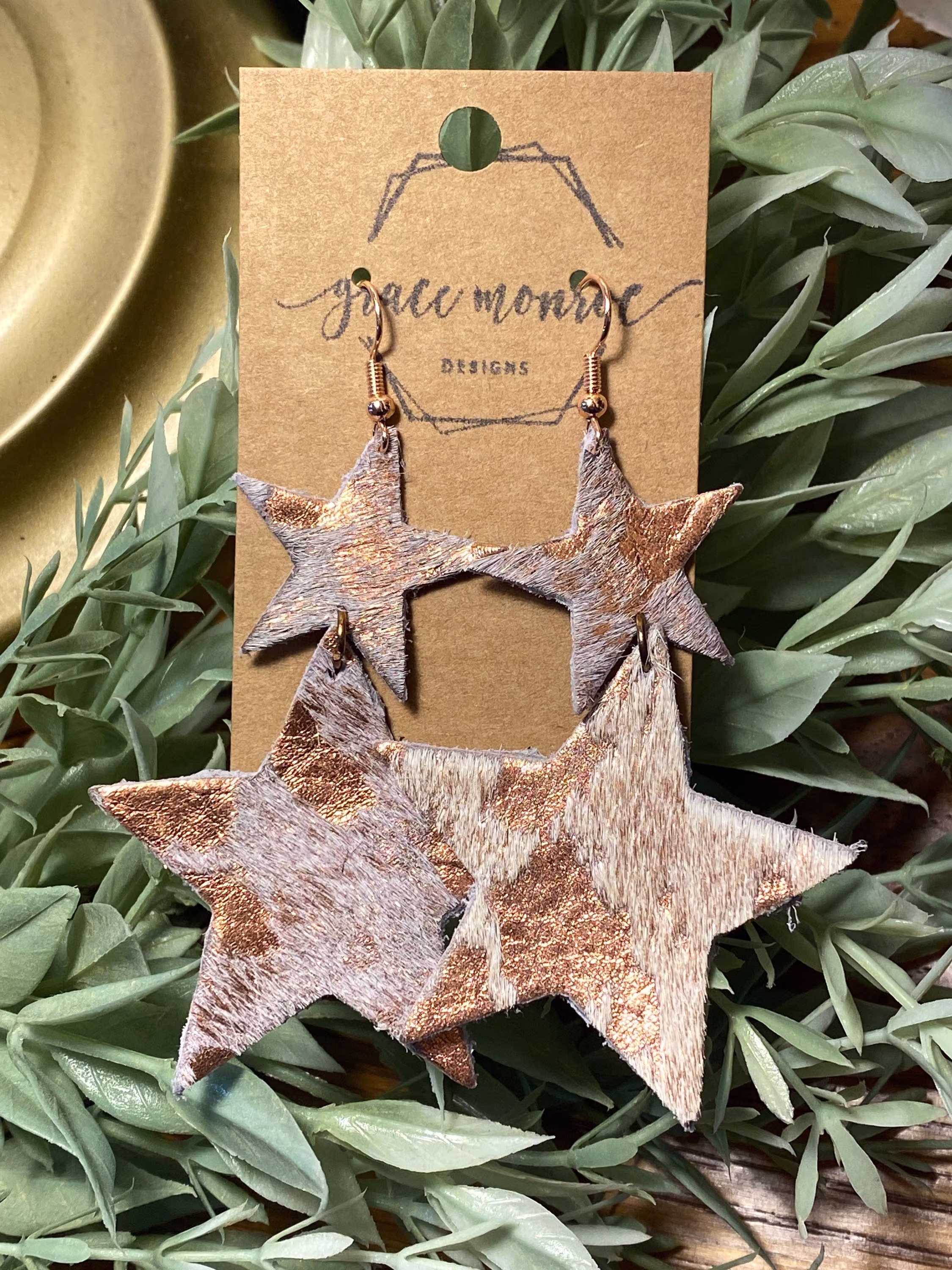 Metallic Rose Gold Double Star Stacker Print Stackers, Earrings, Boho Hair On Hide Earrings