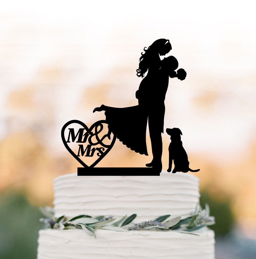 Mr & Mrs Wedding Cake Topper With Dog, Bride & Groom Silhouette Funny Wedding Cake Heart, Funny