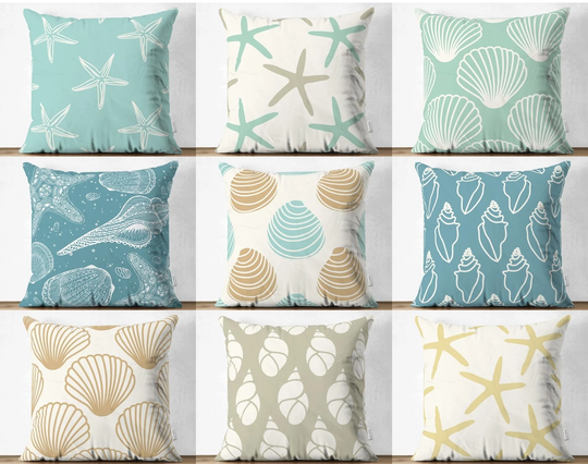 Widows Walk Throw Pillow Covers, Starfish Design Cases, Sea Shell Shams, Oyster Cushion Green Pattern Top