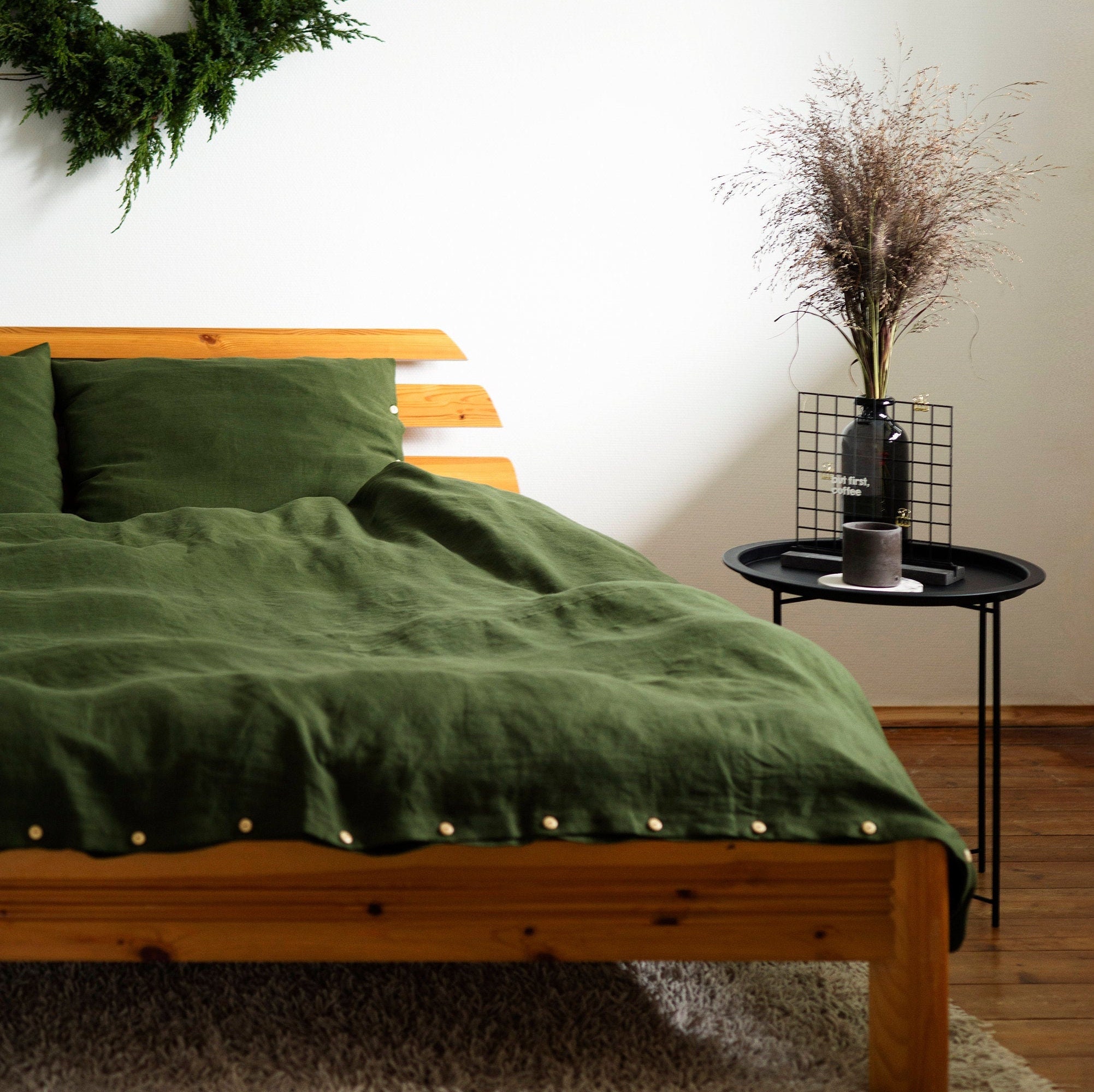 Dark Green Duvet Cover in Handmade, 100% Linen Bedding, Softened Linen, European Flax, King, Queen, Full, Single, Custom Sizes Available